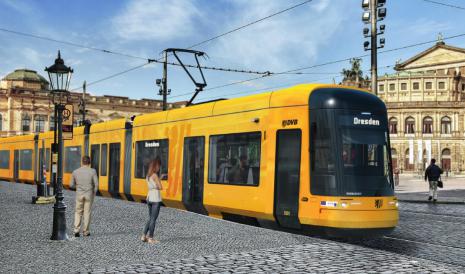 Der neue Eye Catcher im ÖPNV:  Dresden startet die Flottenerneuerung  mit 30 neuen Bahnen. Teil des  Beschaffungspakets sind auch die  Wartungsleistungen durch die DVB. Grafik: DVB AG